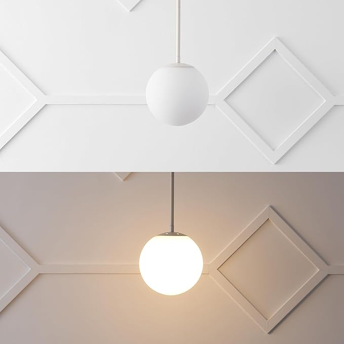 JONATHAN Y 7.75" Almond Modern Globe LED Pendant Light, Industrial Hanging Ceiling Lamp for Kitchen Island, White Glass Globe Shade, LED Bulb Included (JYL9528F)