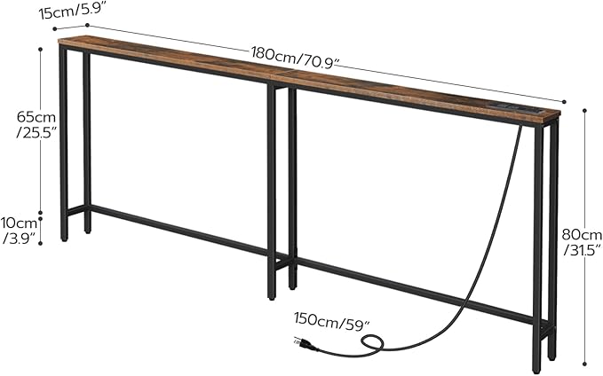 HOOBRO 70.9" Narrow Console Table with Charging Station, 5.9" Slim Sofa Table Behind Couch, 2 AC Outlets & USB-C Ports, Long Entryway Tables, for Hallway, Livingroom, Rustic Brown BF185UXG01G1