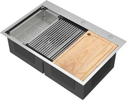 33 Inch Drop-In Double Bowl Kitchen Sink, 50/50 Low Divide 16 Gauge 304 Stainless Steel Workstation All-In One Sink, Brushed Finish #TLDB-501