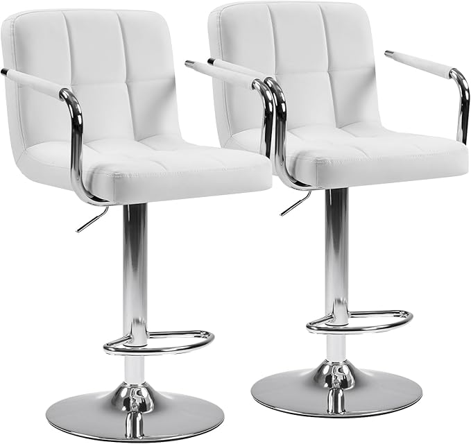DUMOS Bar Stools Set of 2, Adjustable Swivel Bar Chairs with Padded Armrests and Ergonomic Backrest for Kitchen Island Counter Pub Dining Room, Water-Resistant PU Leather, White
