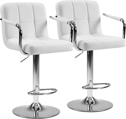 DUMOS Bar Stools Set of 2, Adjustable Swivel Bar Chairs with Padded Armrests and Ergonomic Backrest for Kitchen Island Counter Pub Dining Room, Water-Resistant PU Leather, White