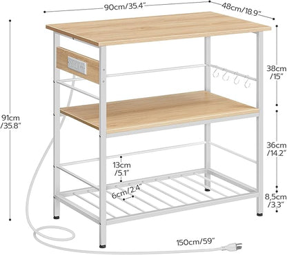 HOOBRO Kitchen Island with Storage, Kitchen Island Table with Power Outlet, 3 Tier Coffee Station and Microwave Stand, for Home, Kitchen and Dining Room, Natural and White WN021ZD01