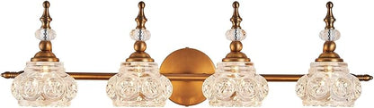 Vintage Vanity Light Fixtures, 4-Light Bathroom Lighting with Crystal Glass Lampshade, Matte Brushed Antique Brass Finish, Vanity Lights for Bathroom Bedroom Hallway