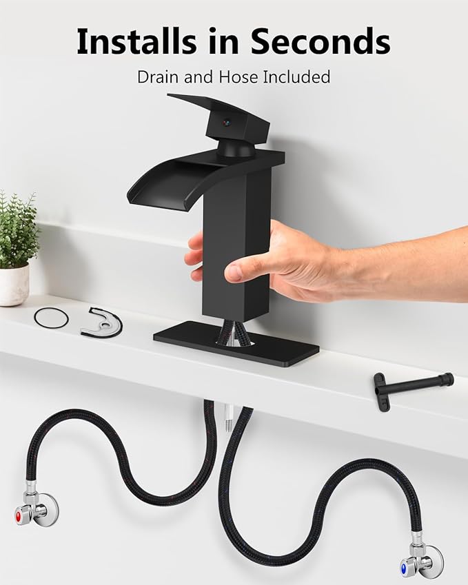 Waterfall Bathroom Faucet 1 Hole, Single Hole Bathroom Faucet, Single Handle Vanity Sink Faucet with Deck Plate, Pop-up Drain & Supply Lines, Matte Black