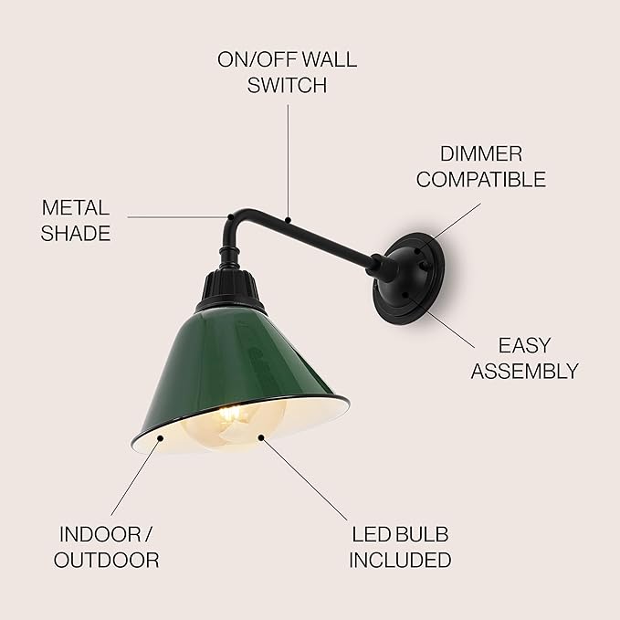 JONATHAN Y 9.63" Green/Black 1-Light Farmhouse Outdoor Sconce, Industrial LED Wall Light, Gooseneck Arm Barn Lamp with Metal Bell Shade for Porch, Patio, Kitchen, LED Bulb Included (JYL7612F)