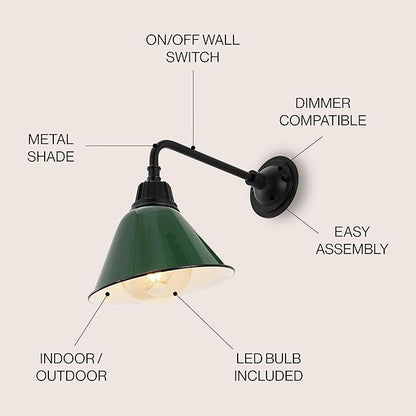 JONATHAN Y 9.63" Green/Black 1-Light Farmhouse Outdoor Sconce, Industrial LED Wall Light, Gooseneck Arm Barn Lamp with Metal Bell Shade for Porch, Patio, Kitchen, LED Bulb Included (JYL7612F)