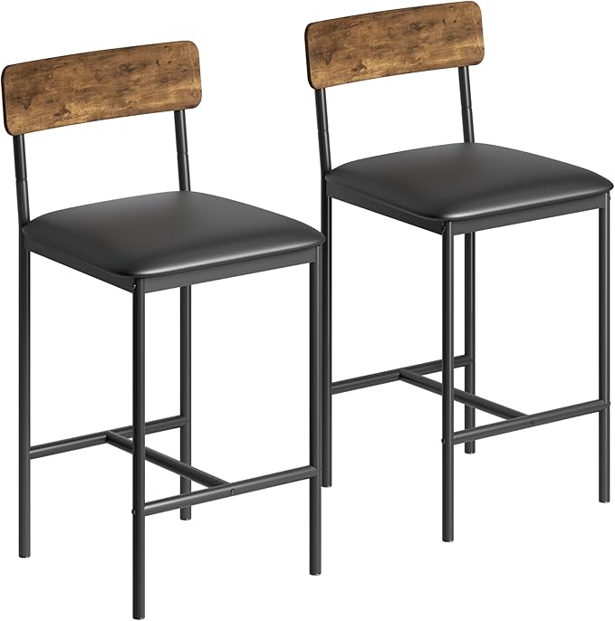 TrailBlaze Bar Stools Set of 2, 25.5'' Counter Height Upholstered Bar Chairs with Back & Footrest, Faux Leather, Thick Cushion - Black Metal Frame - Kitchen Island, Home Bar, Small Space
