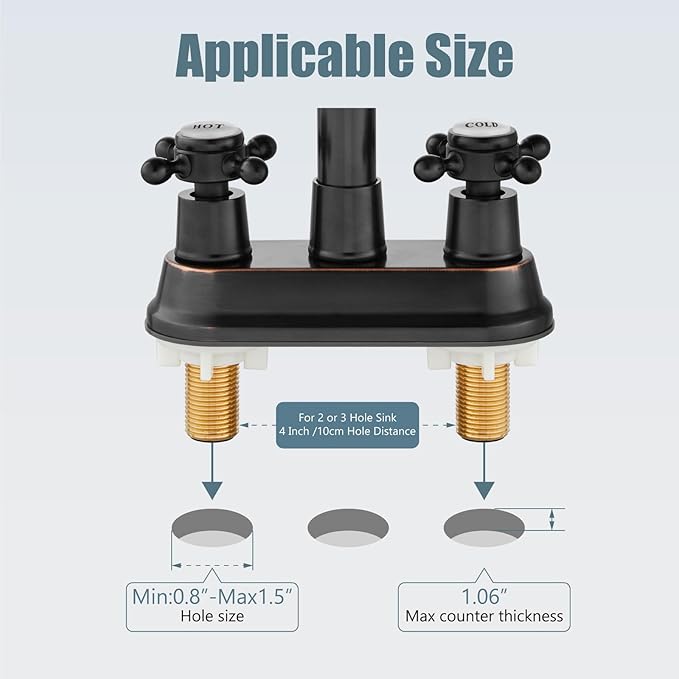 Aolemi 4 Inch Centerset Bathroom Sink Faucet Vintage 2 Cross Handle RV Mixer Tap Basin Vanity Lavatory Utility for Sink 3 Hole Include Hoses Pop Up Drain Faucet Handle with Label Oil Rubbed Bronze