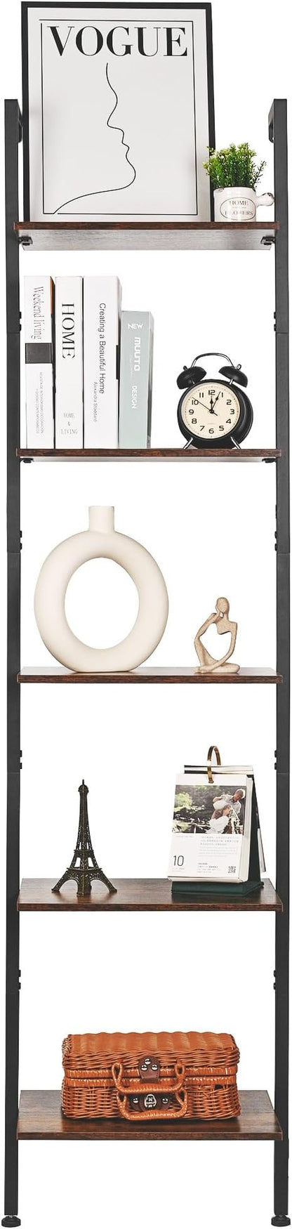 ELYKEN Ladder Shelf, 5-Tier Wood Wall Mounted Bookshelf with Metal Frame, Vintage Open Display Organizer Rack, Leaning Storage Shelves for Living Room, Bedroom, Home Office, Rustic Brown