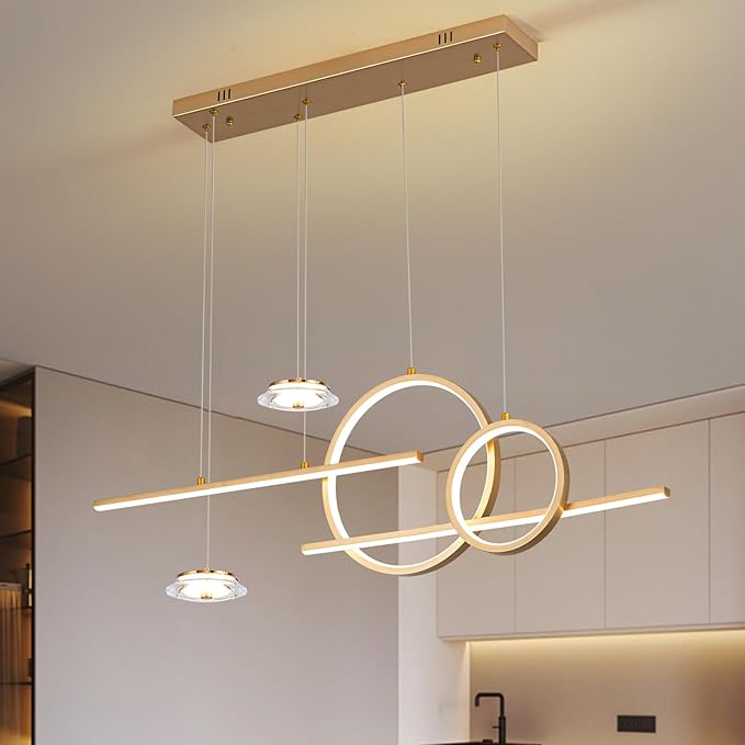 Modern Gold LED Dining Room Light Fixture with Remote Control, 38.5" 38W 3-Color Temp Stepless Dimmable Island Pendant Lights, Hanging Adjustable Linear Chandelier for Kitchen Bar