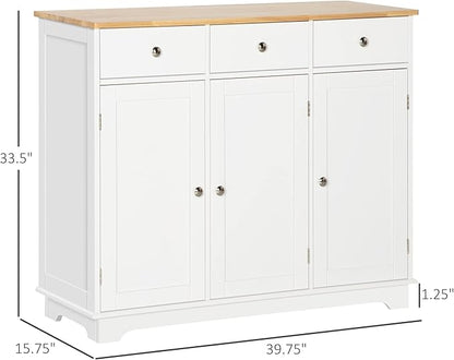 HOMCOM Sideboard Buffet Cabinet with Solid Wood Countertop, Modern Kitchen Storage Cabinet, Coffee Bar Cabinet with 3 Drawers, Doors and Adjustable Shelf, White