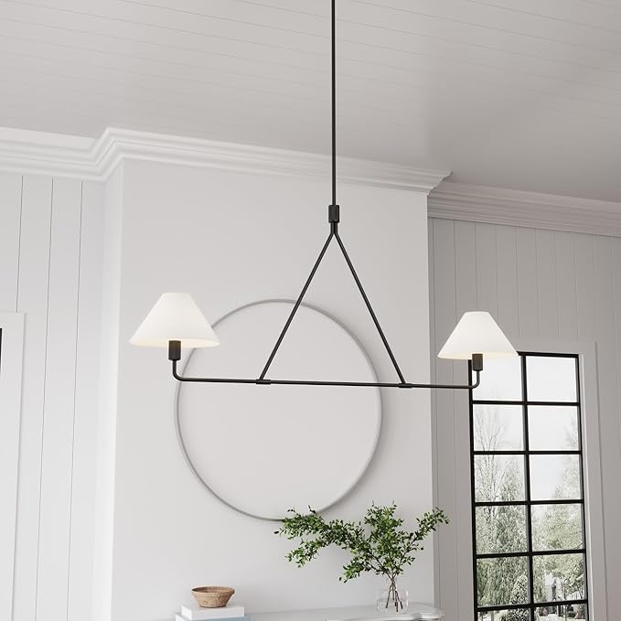 Modern 2-Light Kitchen Island Lighting 46.45 inch Matte Black Linear Chandelier with Fabric Shade Classic Farmhouse Pendant Lights Over Table for Dining Room Bar E12