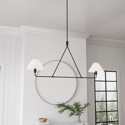 Modern 2-Light Kitchen Island Lighting 46.45 inch Matte Black Linear Chandelier with Fabric Shade Classic Farmhouse Pendant Lights Over Table for Dining Room Bar E12