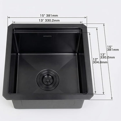 Black Undermount Bar Sink,16 Gauge 304S Stainless Steel Undermount Kitchen Sinks,15 Inch Workstation Sink with Full Accessories, 15" x 15" x 10" Small Kitchen Sink for RV,Outdoor,Camper