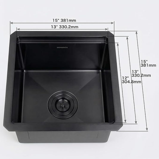 Black Undermount Bar Sink,16 Gauge 304S Stainless Steel Undermount Kitchen Sinks,15 Inch Workstation Sink with Full Accessories, 15" x 15" x 10" Small Kitchen Sink for RV,Outdoor,Camper