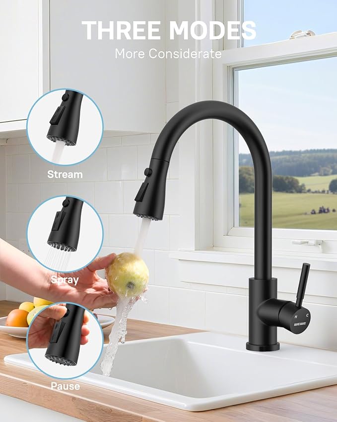 WEWE Kitchen Faucet with Pull Down Sprayer and Soap Dispenser, Matte Black High Arc Single Handle Stainless Steel Sink Faucet, Suitable for Farmhouse, RV & Laundry
