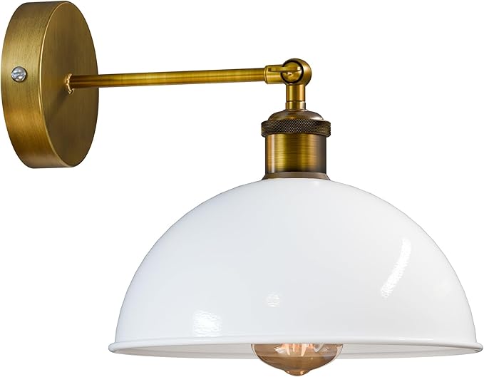 Dome Metal Wall Sconce, 180° Adjustable Industrial Wall Lamp for Bedside, Study, Kitchen, and Living Room Décor. (White.)