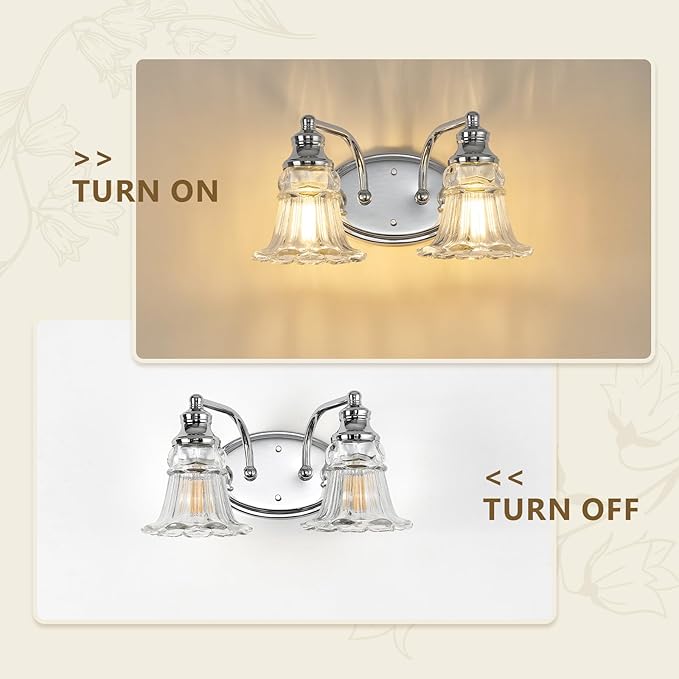 2-Light Bathroom Light Fixtures Over Mirror, Vintage Vanity Lights with Clear Floral Glass Shades, Chrome