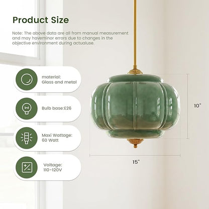 Milk Glass Ceiling Light Fixture - Antique Brass Semi Flush Mount Pendant Light for Kitchen, Hallway, and Bedroom (Green 15 inch)