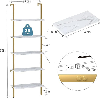 aboxoo Ladder Shelf 2PCS White Marble Bookshelf 5-Tier Wall-Mounted Wood Rack Open Industrial Modern Plant Flower Stand Utility Organizer Bookcase Metal Frame Furniture Office Kitchen Bedroom