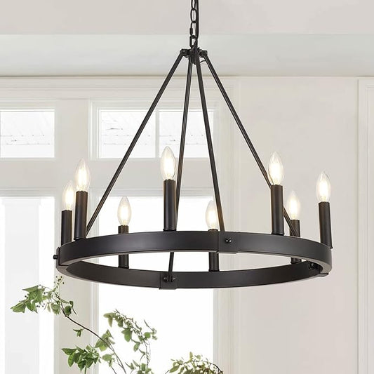 8 Lights Farmhouse Wagon Wheel Chandelier, D24" Black Round Chandeliers for Dining Room, Modern Industrial Kitchen Island Pendant Light Fixtures for Foyer Living Room Entryway Bedroom, E12 Socket
