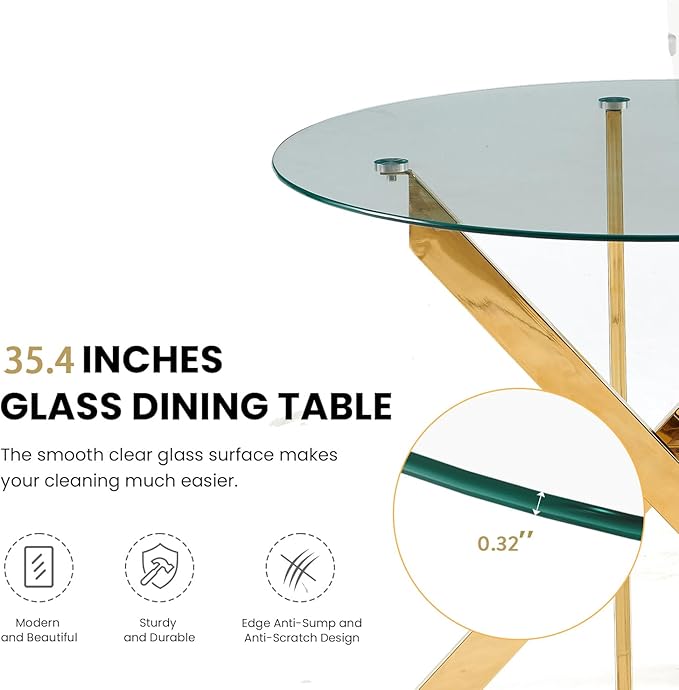 36'' Round Glass Dining Table for 2-4, Round Dining Room Table with X-Shape Metal Legs for Kitchen Living Room, Glass and Gold Kitchen Table for 4