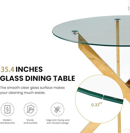 36'' Round Glass Dining Table for 2-4, Round Dining Room Table with X-Shape Metal Legs for Kitchen Living Room, Glass and Gold Kitchen Table for 4