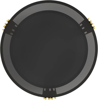 Modern Black Mirror Coffee Table, Asymmetrical Metal, Circular Metal Drum Base, Gold Finish & Lower Shelf