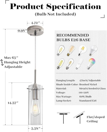 Chrome Pendant Lights Kitchen Island 3 Packs, Glass Pendant Light, Modern Clear Glass Pendant Light Fixture, Pendant Lights for Kitchen Island, Living Room, Bathroom