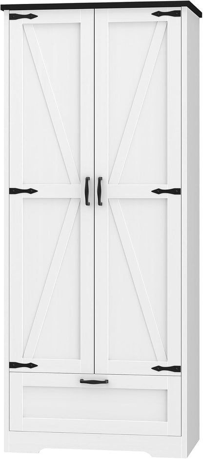 Shintenchi Kitchen Pantry Cabinet, Freestanding Farmhouse Storage Cabinet with 4 Shelves and 1 Drawer, Tall Cupboard for Kitchen, Living Room, Dining Room and Bathroom, White