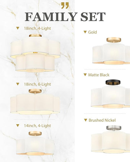Gold Semi Flush Mount Ceiling Light, 5-Light 18" Ceiling Light Fixtures with Double Fabric Drum Shade in Quatrefoil Shape, Light Fixtures Ceiling Mount for Nursery Bedroom, AD-22007-5SF-GD