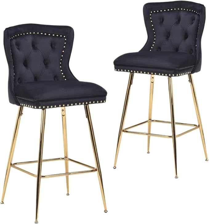 Luxurious Velvet Counter Height Bar Stools Set of 2 with Metal Legs, Button Tufted, Nailheads Trim, Wing-Back Bar Chairs for Kitchen Island Dining Room Pub(Black)