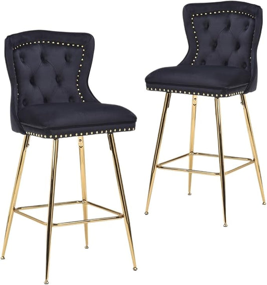 Luxurious Velvet Counter Height Bar Stools Set of 2 with Metal Legs, Button Tufted, Nailheads Trim, Wing-Back Bar Chairs for Kitchen Island Dining Room Pub(Black)