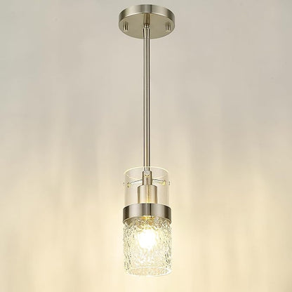 LMS Brushed Nickel Pendant Lights Kitchen Island, 1-Light Modern Glass Pendant Light Fixtures with Hammered Glass, Adjustable Mini Hanging Light for Kitchen Island Sink Bathroom, LMS-199