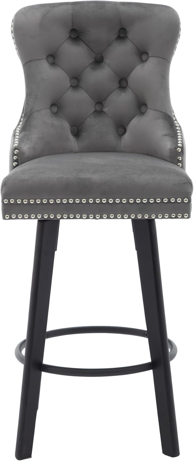 Swivel Bar Stools Velvet Bar stools Button Tufted Bar Stools Rivet Trim Bar Stools for Kitchen Island,Bistro, with Metal Pull Ring Sturdy Footrest Large Backrest for Home Bar,Dark Gray 2pcs