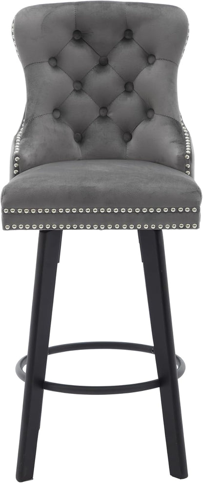 Swivel Bar Stools Velvet Bar stools Button Tufted Bar Stools Rivet Trim Bar Stools for Kitchen Island,Bistro, with Metal Pull Ring Sturdy Footrest Large Backrest for Home Bar,Dark Gray 2pcs