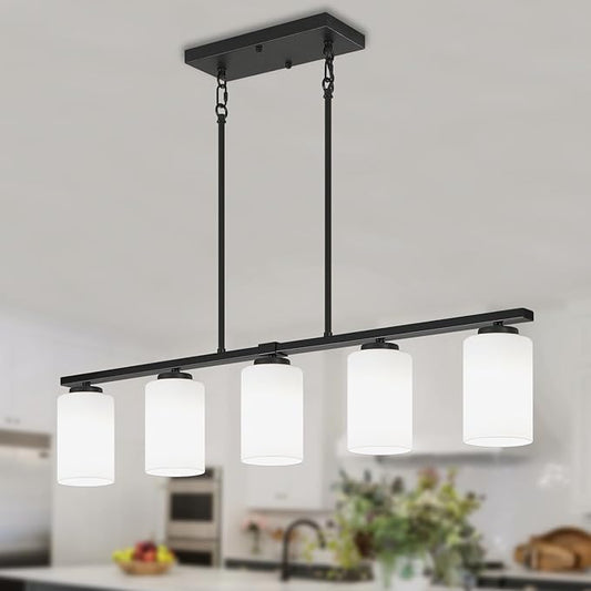Modern Island Lights for Kitchen 5-Light Black Dining Room Light Fixtures Over Table Glass Penadnt Lights Adjustable Hanging Kitchen Island Lighting Linear Farmhouse Chandelier Over Island