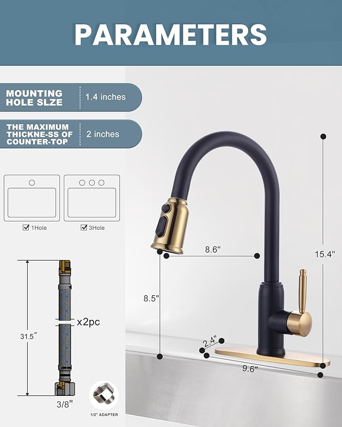 Black Gold Kitchen Faucet with Sprayer: WOWOW 304 Stainless Steel Kitchen Sink Faucet for 1 or 3 Hole, High Arc Single Handle Mixer Taps with Deck Plate, Vintage Style