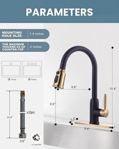 Black Gold Kitchen Faucet with Sprayer: WOWOW 304 Stainless Steel Kitchen Sink Faucet for 1 or 3 Hole, High Arc Single Handle Mixer Taps with Deck Plate, Vintage Style