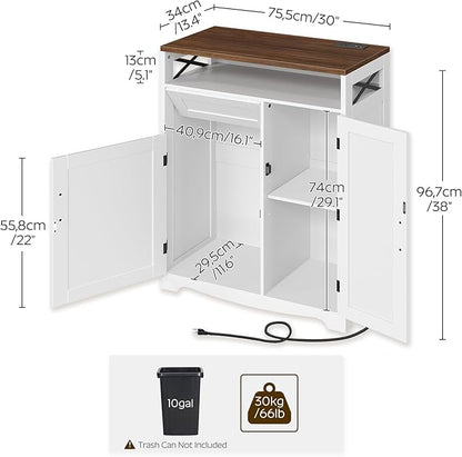 YATINEY Trash Can Cabinet with Power Outlet, 10-Gallon Hidden Kitchen Garbage Bin Cabinet with Adjustable Shelf, Wooden Recycling Cabinet for Kitchen, Dining Living Room, White and Walnut WB04UWH