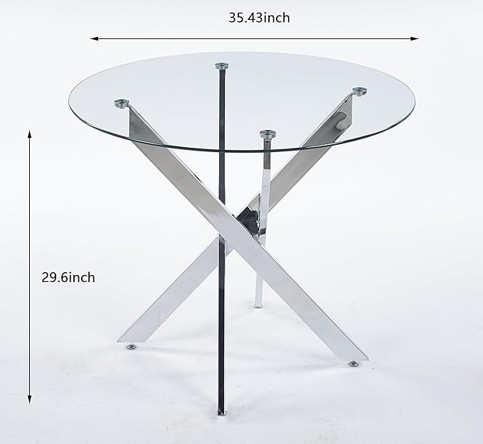 35.43'' Round Glass Dining Table,Modern Kitchen Table for 2-4 People,Dining Room Table with Tempered Glass Top and Metal Legs for Kitchen Apartment
