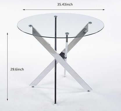 35.43'' Round Glass Dining Table,Modern Kitchen Table for 2-4 People,Dining Room Table with Tempered Glass Top and Metal Legs for Kitchen Apartment