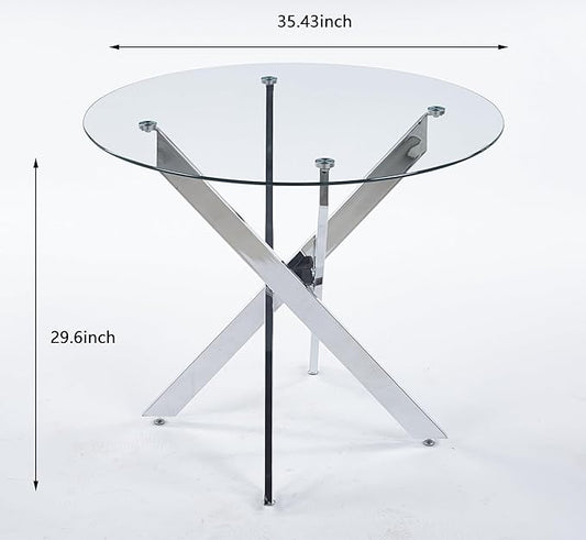 SSLine 35.4" Round Glass Dining Table for 2-4 Modern Circle Glass Tabletop Kitchen Table for 4 Luxury Dinner Tables with Silver Metal Legs for Home Kitchen Dining Room(Table Only)