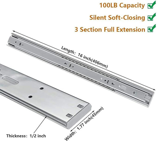 LONTAN 16 Inch Soft Close Drawer Slides 1 Pair Side Mount Heavy Duty Cabinet Drawer Glides Ball Bearing Full Extension Kitchen Cabinet Rails 100 LB Capacity