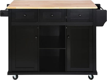 Mobile Kitchen Island with Drop Leaf, Rolling Kitchen Cart on 5 Wheels with Rubberwood Top, Storage Cabinet with 3 Storage Compartment, Spice and Towel Racks for Dining Room