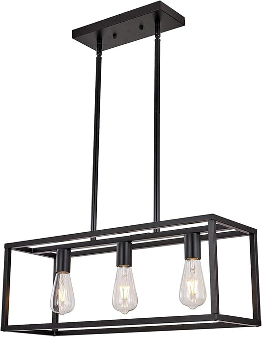 Farmhouse Rectangle Chandeliers for Dining Rooms, Modern Linear Hanging Light Fixture Matte Oil-Rubbed Bronze 3-Light Industrial Pendant Lighting for Kitchen Island