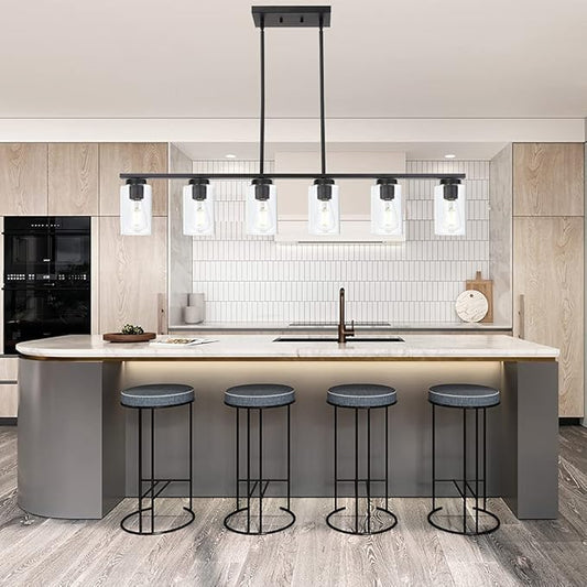 TODOLUZ Black 6-Lights Kitchen Island Light with Clear Glass Shades, Farmhouse Hanging Pendant Light Fixture for Farmhouse Dining Room Living Room