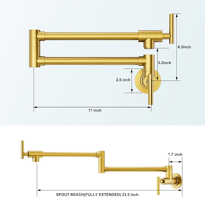 WOWOW Pot Filler Faucet Brushed Gold, Solid Brass Pot Filler Wall Mount Kitchen Stove Faucet with Double Joint Swing Arms