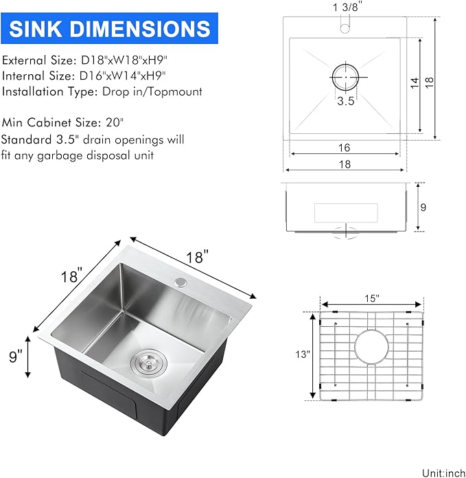 MENATT 18x18 Inch Drop in Kitchen Sink, 304 Stainless Steel Single Bowl Small Sink with X-Shape Drain Groove & Bottom Grid Mat, 9” Deep Bar Sink for Compact Kitchen, Wet Bar, RV, Apartment