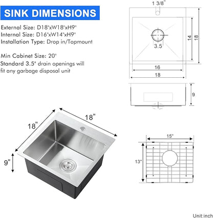 MENATT 18x18 Inch Drop in Kitchen Sink, 304 Stainless Steel Single Bowl Small Sink with X-Shape Drain Groove & Bottom Grid Mat, 9” Deep Bar Sink for Compact Kitchen, Wet Bar, RV, Apartment